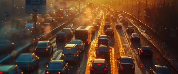 An aerial view of a highway full of cars during a beautiful sunset.