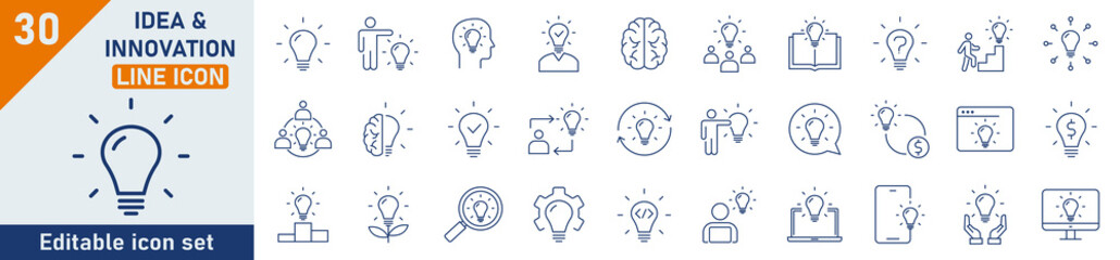 Idea and innovation line icon set. Set of 30 outline icons related to idea, thinking, solution and more. Linear icon collection. Idea and innovation outline icons collection. Editable stroke.