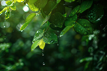 Wall Mural - Green Leaves with Dew Drops