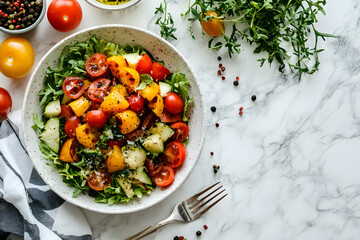 Generate a photo of food: Salad with roasted vegetables on a white marble table.