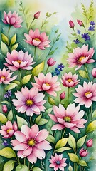 Wall Mural - Watercolor painting of pink flowers and green leaves.