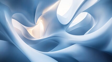 Abstract blue and white flowing shapes with soft lighting creating a serene and calming aesthetic.