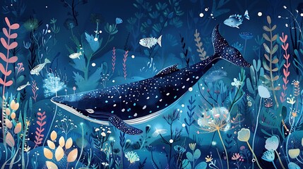 Sticker - A vibrant underwater scene featuring a whale surrounded by colorful marine life and plants.