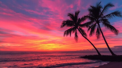 Wall Mural - Stunning Tropical Sunset with Vibrant Colors and Silhouetted Palm Trees on a Serene Beach