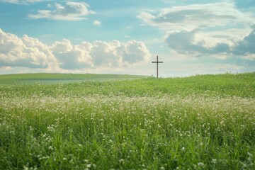 christian background with jesus cross and beautiful green field , ai