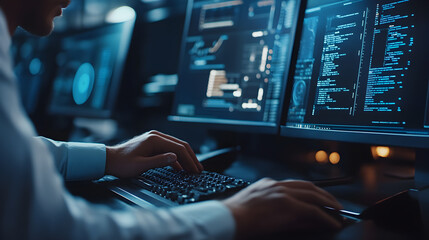 Person's hands typing on a keyboard in front of a computer screen displaying code.