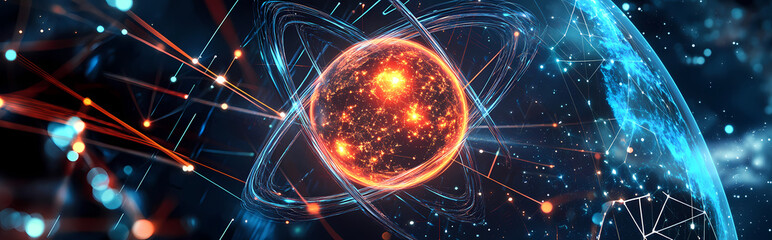 Wall Mural - atomic composition. Concept for the science of nanotechnology in the future. On a technical backdrop, there is an atom's nucleus encircled by electrons, a globe map, bright lines representing radio