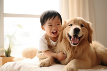 Canvas Print - Toddler hugging Golden Retriever