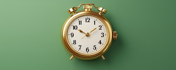 A vintage golden alarm clock on a green background, symbolizing time management and punctuality.