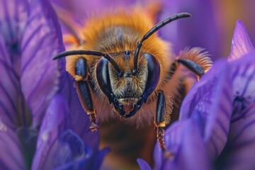 Bee In Garden. Close-up Macro Shot of a Bee in Natural Garden Setting