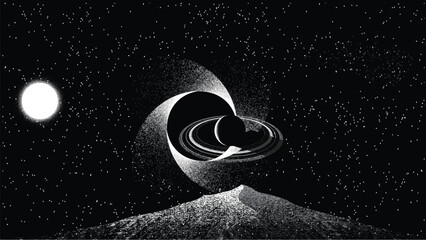 Wall Mural - stars and exoplanet in outer space. futuristic landscape, with noise texture . night landscape with 