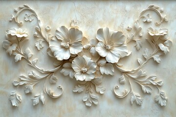 Wall Mural - ornate vintage limestone wall with intricate floral patterns soft cream and ivory tones textured surface catching shadows warm ambient lighting enhancing depth and details