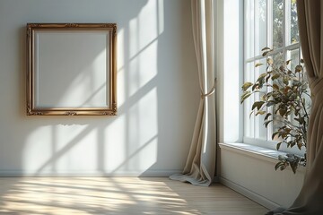 Wall Mural - ornate vintage photo frame floating against minimalist white wall soft natural light streaming through unseen window creates subtle shadows copy space within frame for personalization