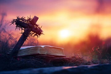 Crown of thorns, wooden cross, and Holy Bible at sunset. Christian background and Easter concept , ai