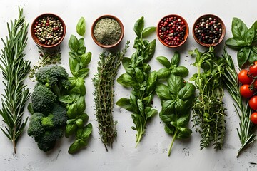 Wall Mural - Fresh Organic Herbs and Vegetables Array - Perfect for Healthy Living Concepts and Kitchen Design