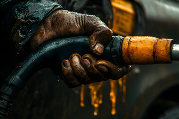 Poster - a human hand petrol out of a hand held petrol pump, black and amber