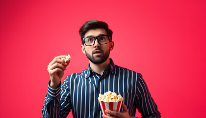 Wall Mural - Photo of impressed man dressed striped shirt in 3d glasses eat popcorn directing look empty space isolated on vivid color background isolated with white highlights, png