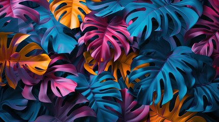 Poster - A vibrant arrangement of tropical leaves in blue, pink, and orange hues.