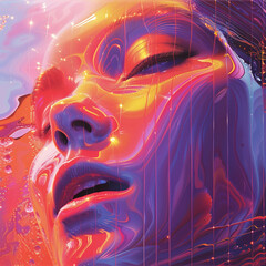 Wall Mural - Portrait of a beautiful young woman with red lights on her face.