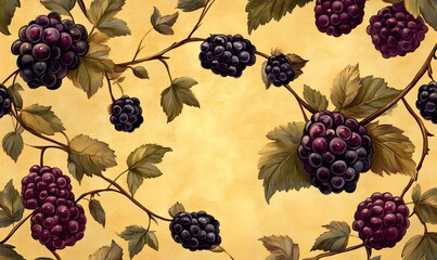 Wall Mural - A Watercolor Painting of Blackberries on a Branch with Green Leaves