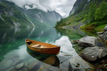 Wall Mural - Beautiful wooden boat floating on calm mountain lake. Serene and peaceful scenery. Ideal for nature lovers. Conceptual image of solitude and tranquility. Generative AI