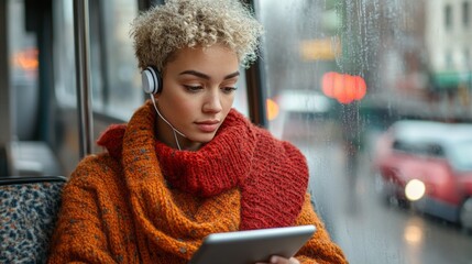 A young woman with curly hair listens to music through her headphones, absorbed in reading on a bus while rain drizzles against the window