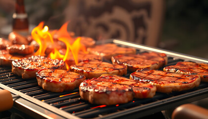 A wide shot of multiple sizzling steaks on the grill at a festive gathering isolated with white highlights, png