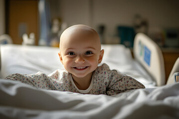 Sticker - Smiling little child toddler sick kid in medical care bed bald after course of chemotherapy treatment. Young patient kid, healthcare service, hand for empathy, love and healing in hospital bed concept