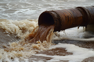 a water pipe spilling brown dirty waste water into the sea