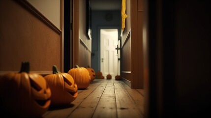 Halloween pumpkins in a spooky empty house, dark mysterious background. AI generated.