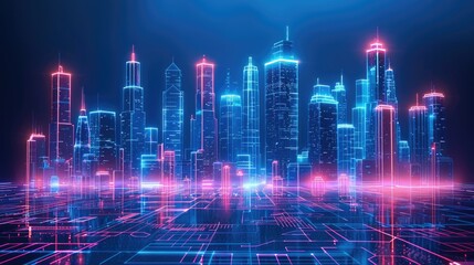 Aufkleber - Wireframe digital cityscape with glowing neon elements. Generative AI.