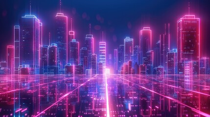 Aufkleber - Wireframe digital cityscape with glowing neon elements. Generative AI.