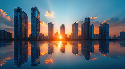 Aufkleber - Modern city skyline with clear blue sky background at the golden hour. Generative AI.