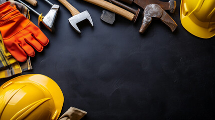 Top view of construction tools and safety gear, including a helmet, hammer, pliers, wrenches, and gloves, placed on a black background with ample space for text, ideal for online store advertising or 