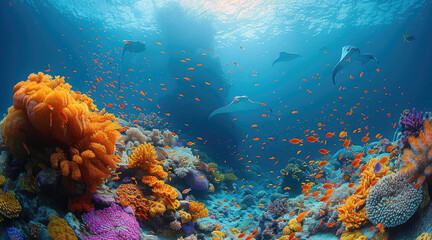 Wall Mural - An underwater mountain covered in colorful coral and giant stingrays. The sea is a deep blue with small fish swimming around. Generative AI.