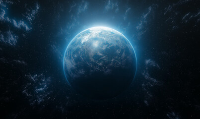 a dark background with the earth glowing in blue light, creating an atmosphere of mystery and wonder