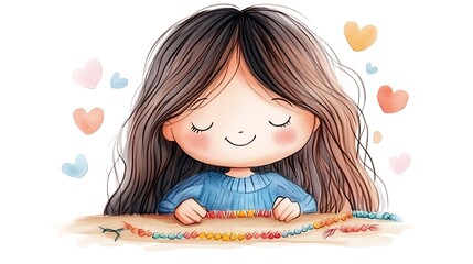 Wall Mural - Cute Watercolor Illustration of a Girl Making a Bracelet.