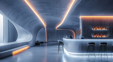 Leinwandbilder - Interior design of a bar, modern, architecture with sleek lines and geometric shapes, concrete. Generative AI.