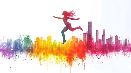 Canvas Print - Woman silhouette jumping over a watercolor city skyline.