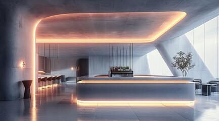Aufkleber - Interior design of a bar, modern, architecture with sleek lines and geometric shapes, concrete. Generative AI.