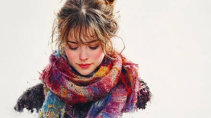 Poster - Watercolor Portrait of a Young Woman with a Scarf.