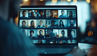 Poster - A close-up of a laptop screen displaying a video conference call with multiple participants. Generative AI.