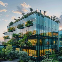 Canvas Print - Modern glass building with lush greenery and terraces, promoting sustainability and nature.