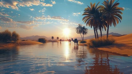 Wall Mural - Desert, lake in the desert, palm trees, camels, sun. Generative AI.