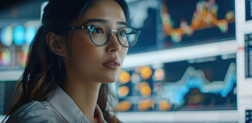 A female data scientist, wearing business attire, actively analyzing risk management reports on a big digital screen. The room is equipped with multiple large displays, showing complex data and graph.