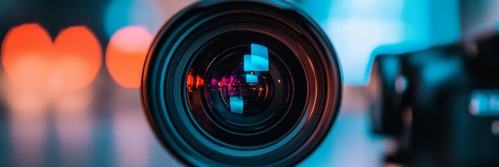 Close-up of a Camera Lens with Bokeh Lights in the Background - The camera lens is in focus, while the background is blurred with bokeh lights, symbolizing capturing moments, creativity, photography, 