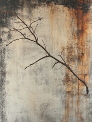 Canvas Print - Branch Against Weathered Wall - A solitary branch extends across a weathered wall, symbolizing resilience, growth, nature, time, and decay.