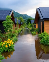 Flooded Pathway Through Green Village Houses