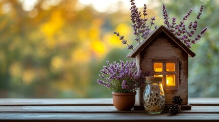 Canvas Print - Cozy Lavender Cottage with Warm Glow and Rustic Charm - A charming wooden cottage with a lit window, surrounded by lavender plants, symbolizes home, peace, comfort, nature, and relaxation.