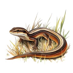 Wall Mural - Watercolor Illustration of a Striped Skink Lizard in Grass.